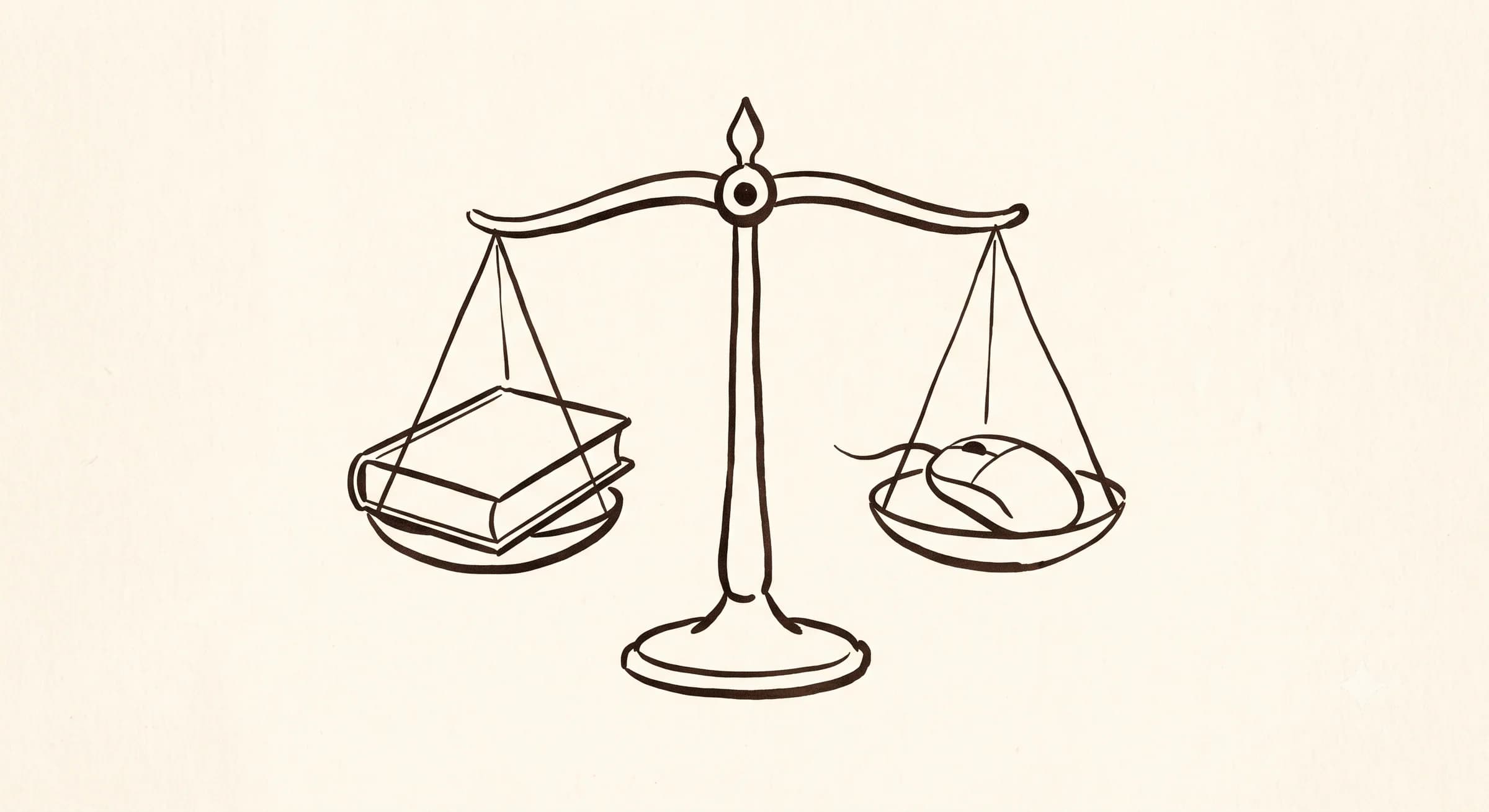 Hand-drawn scales of justice balancing a law book against a computer mouse