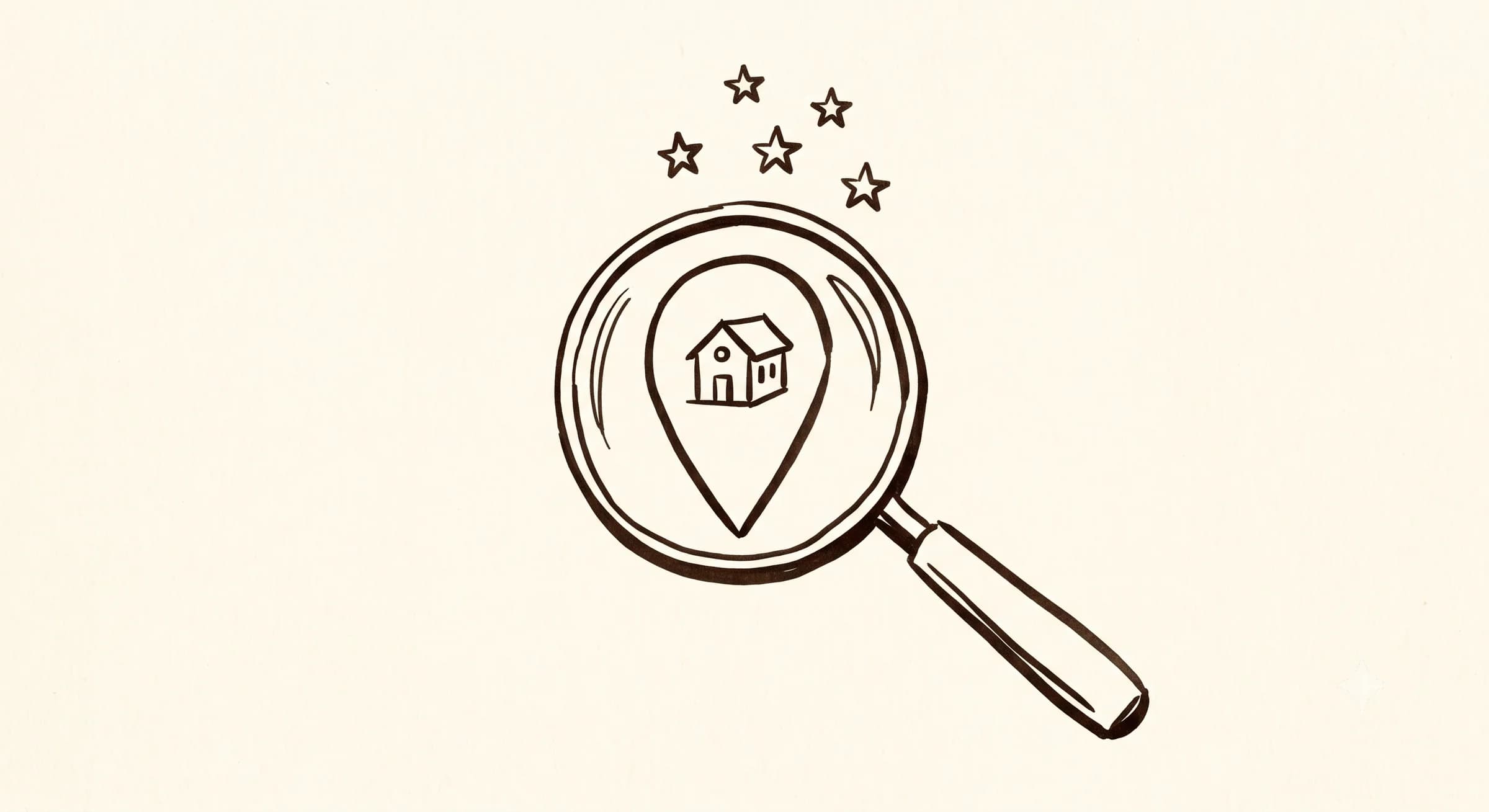 Hand-drawn magnifying glass over a map pin marked with a building and a few stars above it
