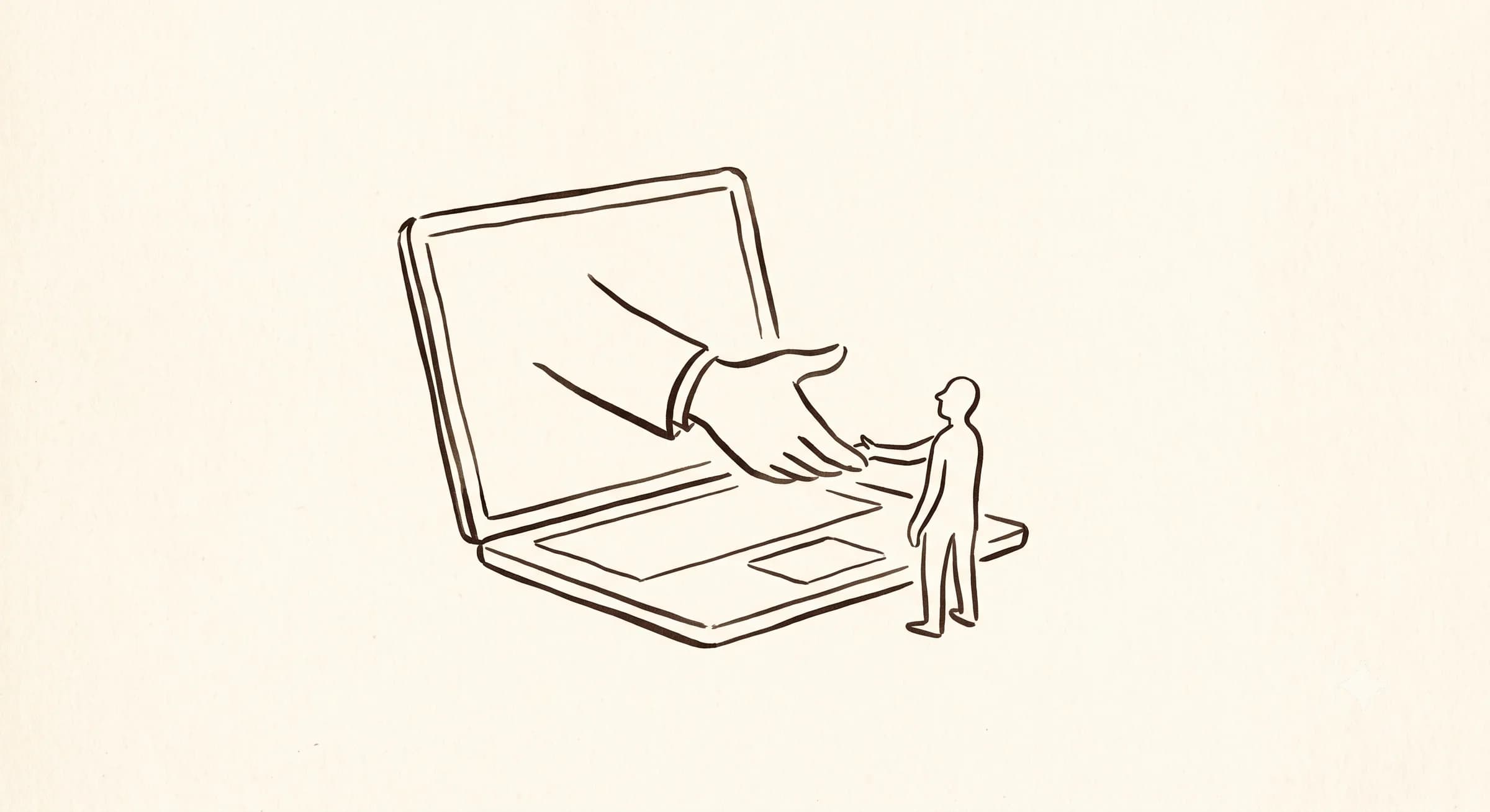 Hand-drawn laptop screen from which a hand reaches out to shake the hand of a small figure