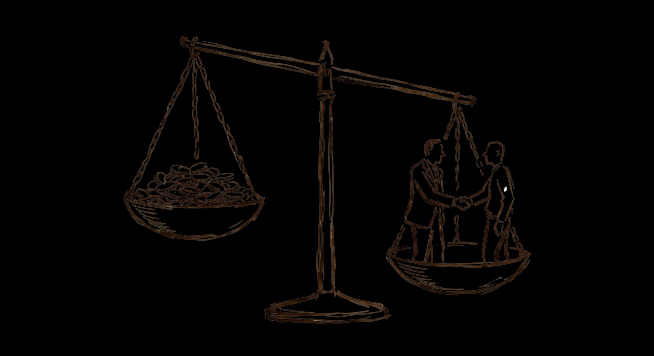 Hand-drawn scales weighing a stack of coins against a single won client