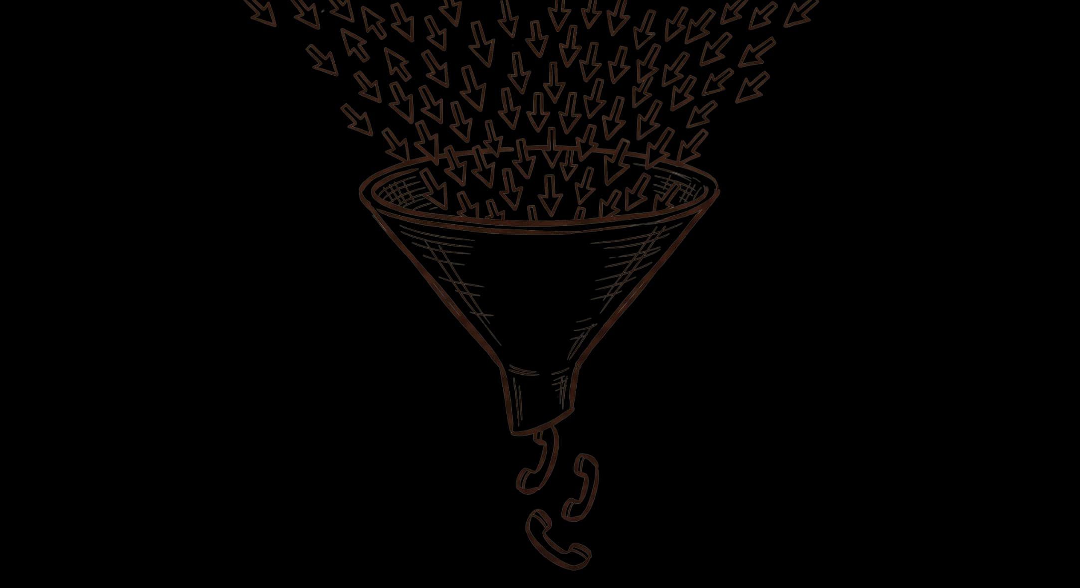 Hand-drawn funnel turning many clicks into a few real leads