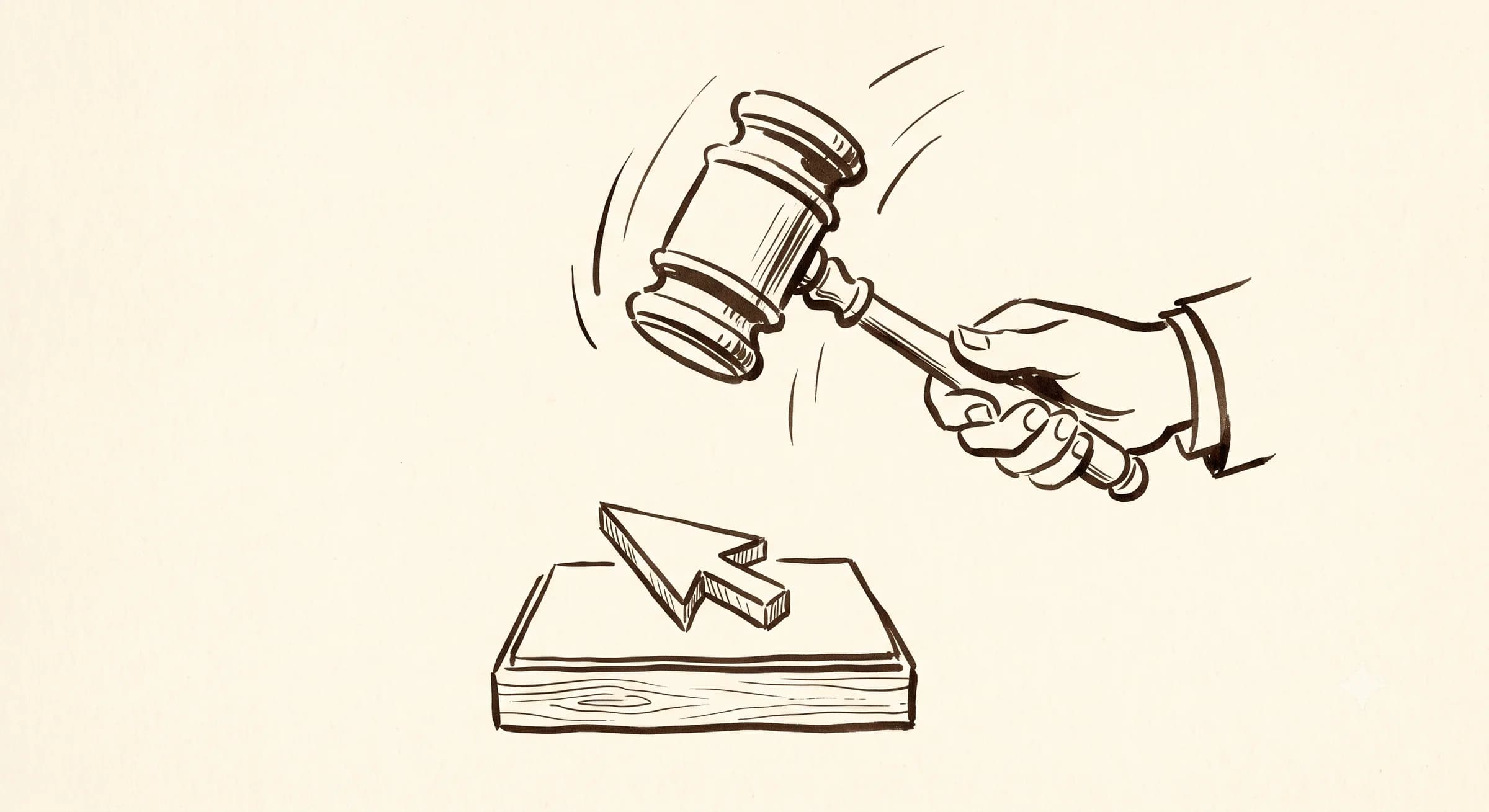 Hand-drawn auction gavel mid-strike coming down onto a single cursor arrow resting on a block