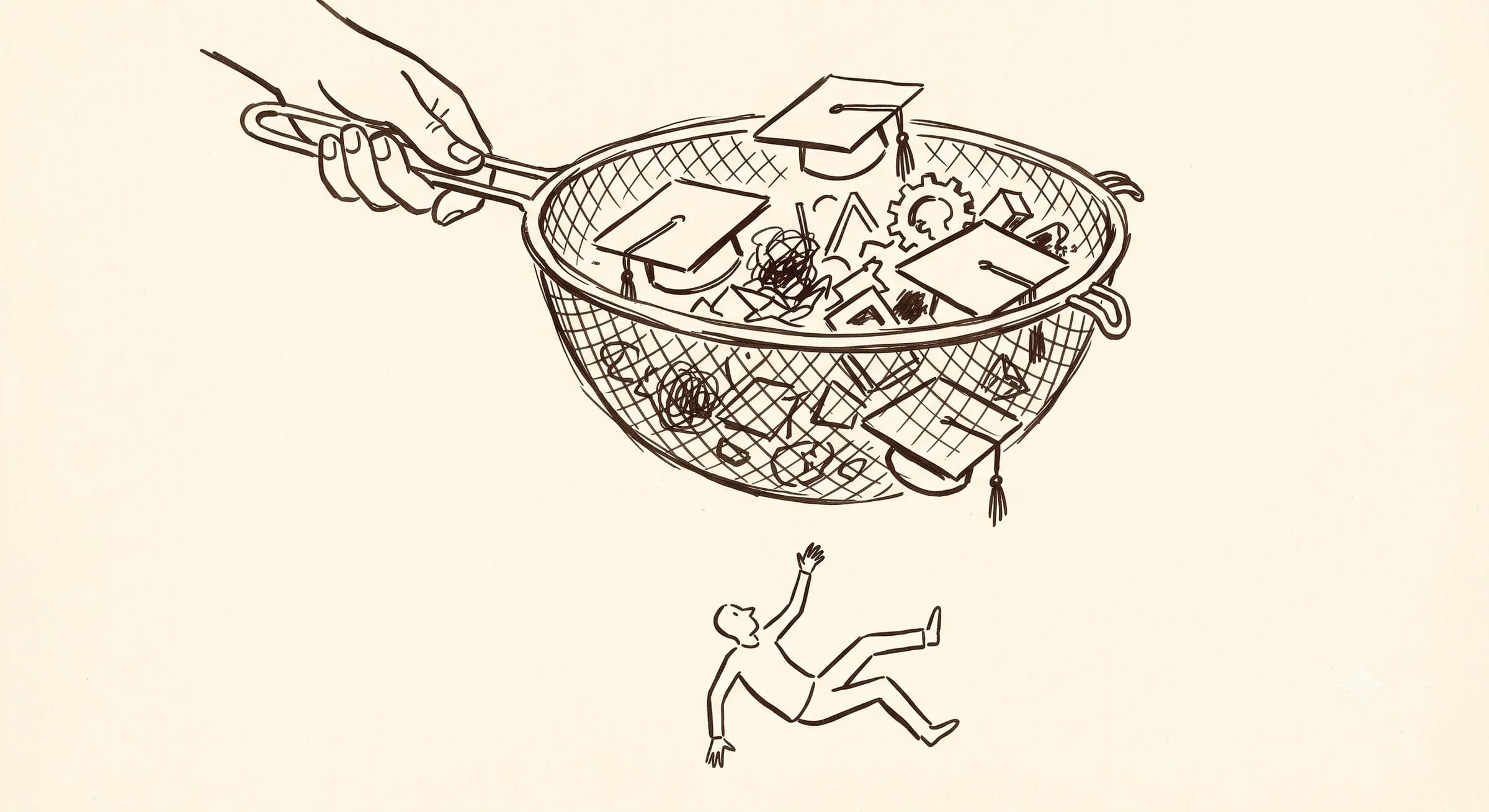 Hand-drawn sieve catching graduation caps and junk shapes while one clean figure drops through