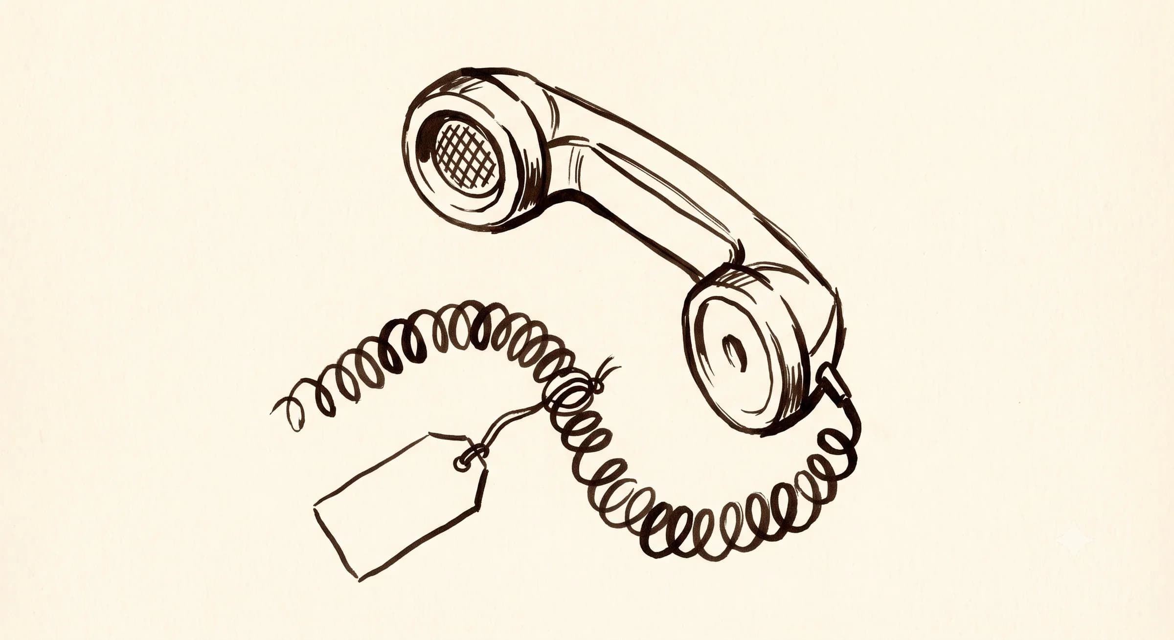 Hand-drawn telephone receiver with a small luggage tag tied to its cord