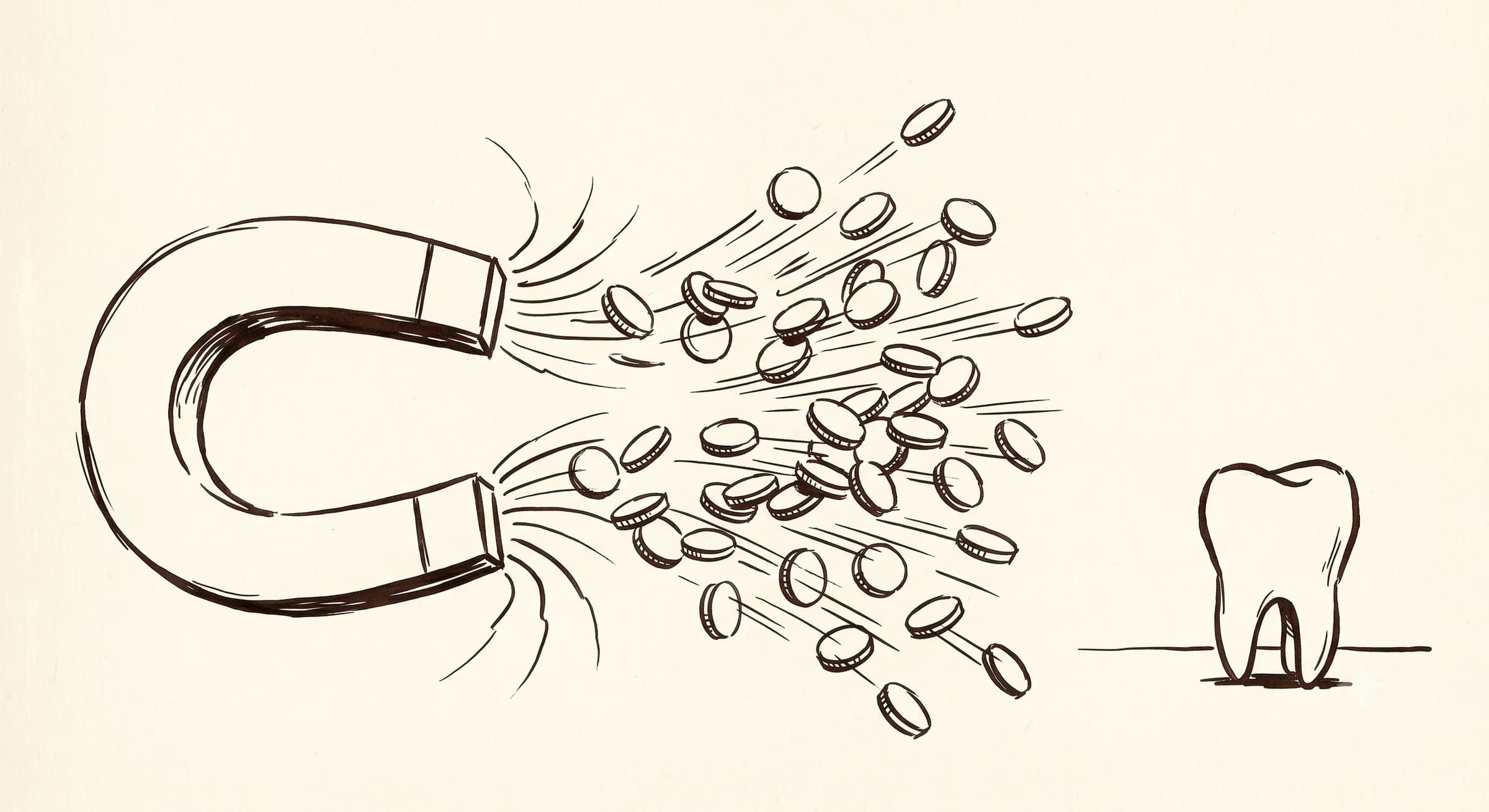Hand-drawn magnet pulling in a crowd of tiny coin figures while one solid tooth-shaped figure stands apart
