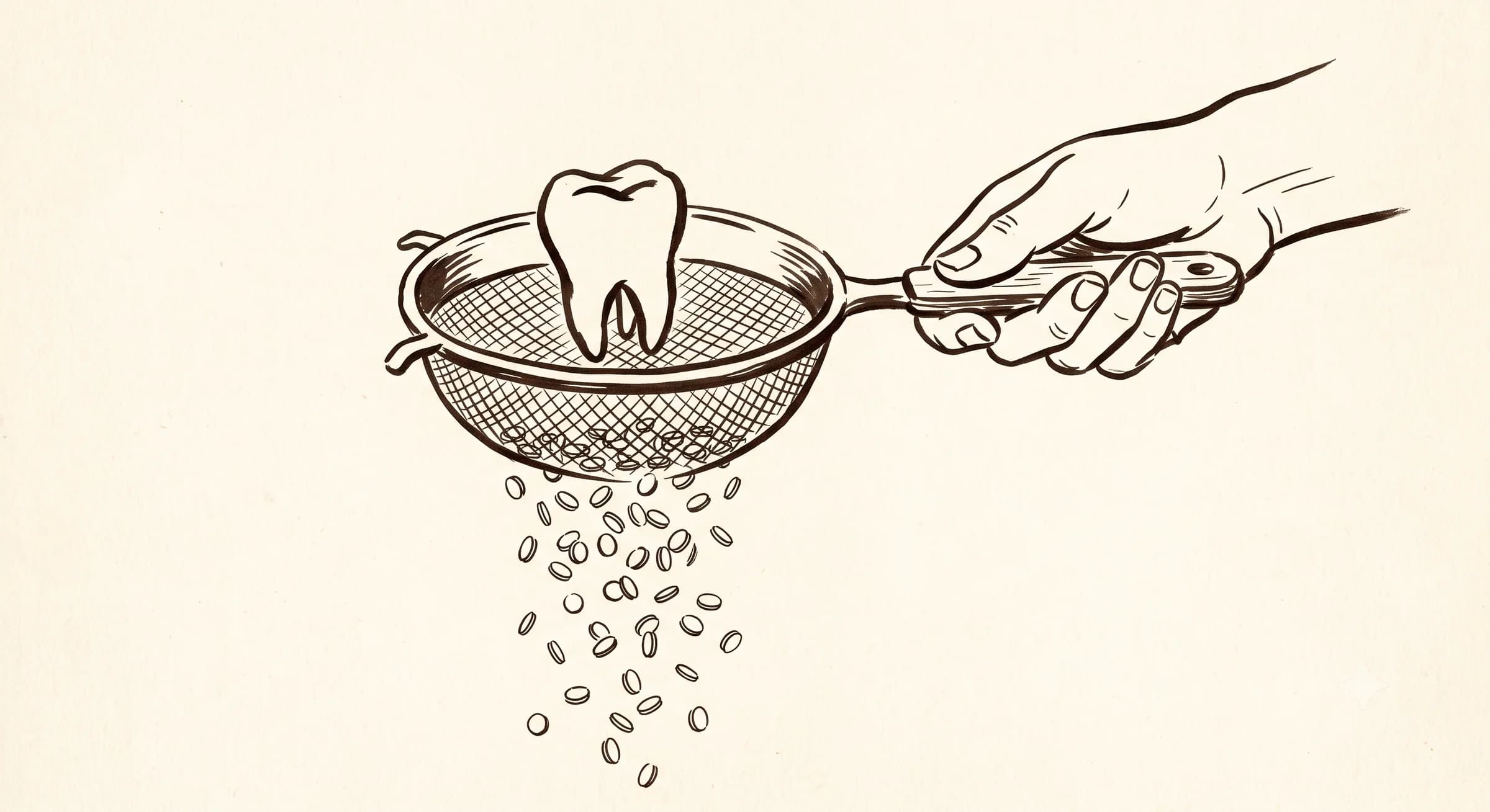 Hand-drawn sieve catching one large tooth while small coins fall straight through