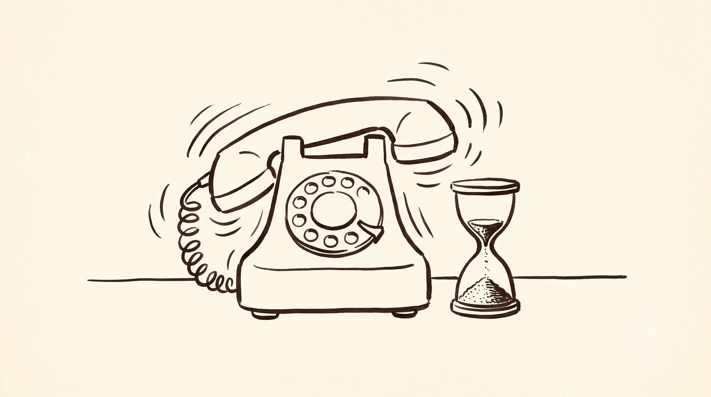 Hand-drawn phone ringing on a desk with sand running out of an hourglass beside it