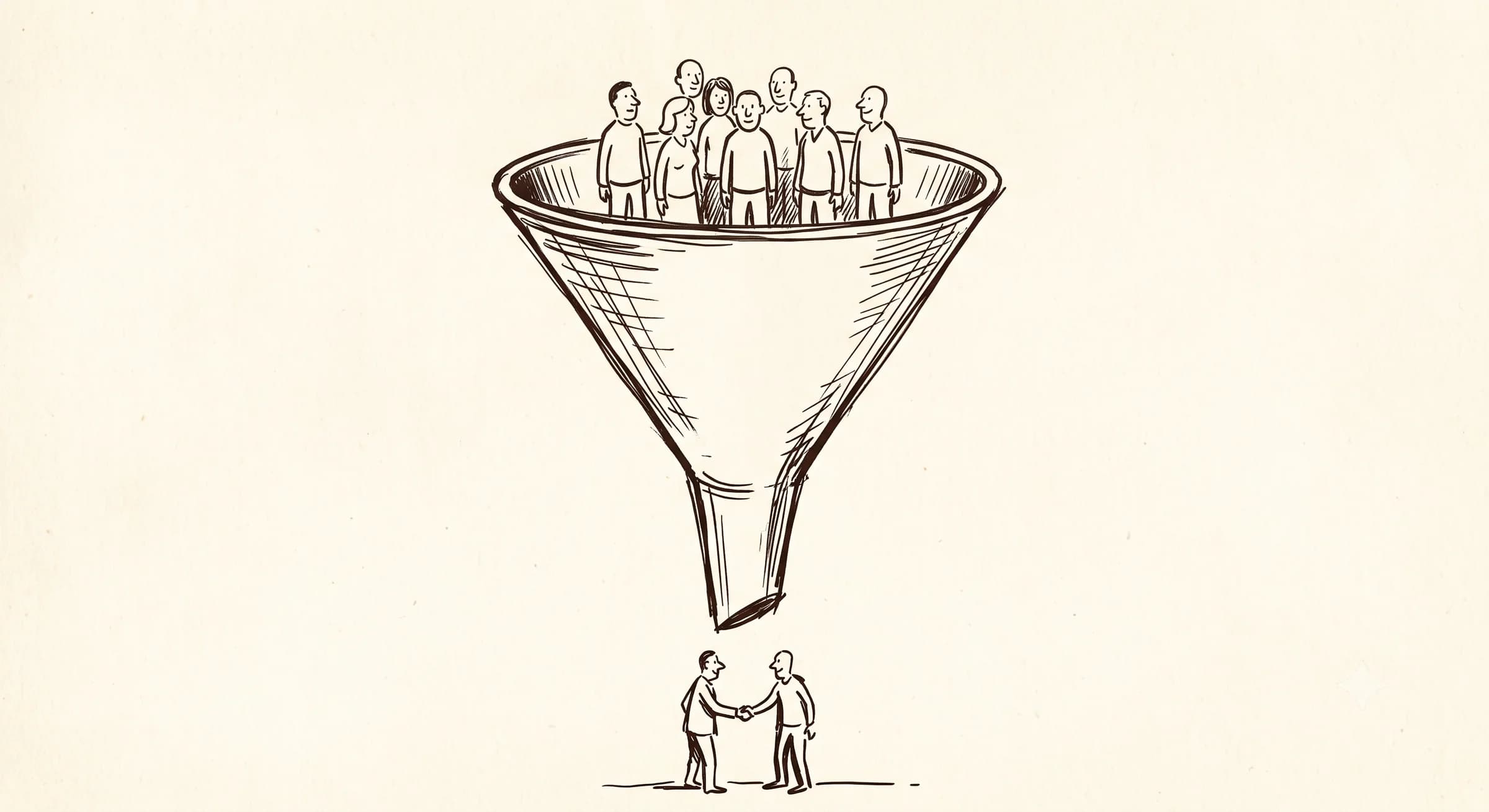 Hand-drawn funnel with a crowd of small figures at the top narrowing to one client shaking hands at the bottom