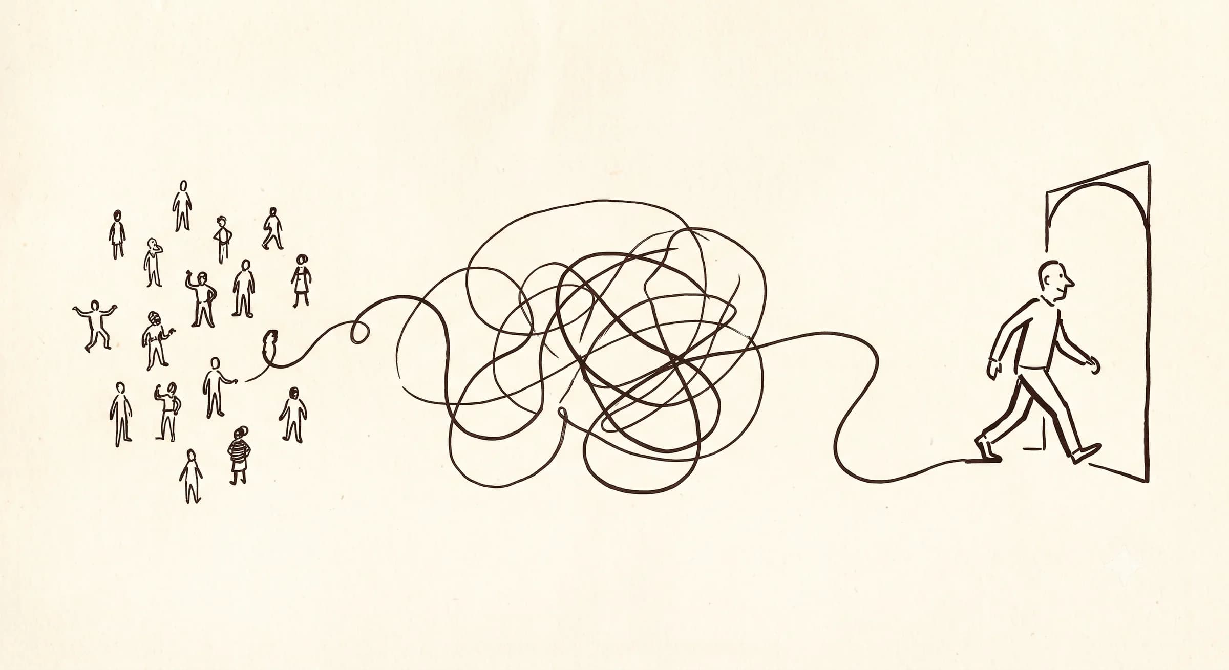 Hand-drawn path leading a single figure from a scattered crowd through a doorway