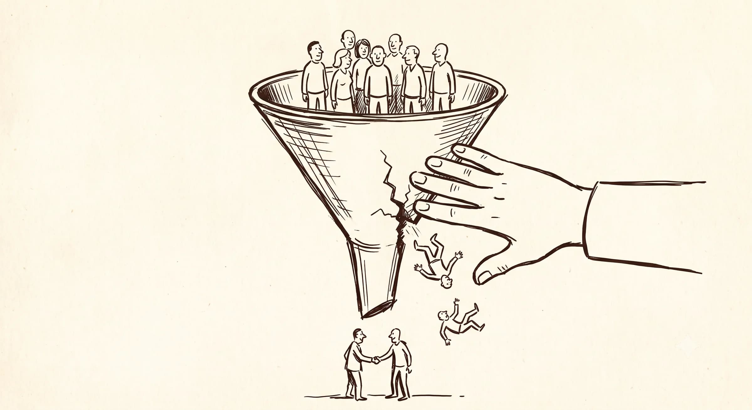 Hand-drawn funnel leaking small figures from a crack in its side while a hand reaches to patch it