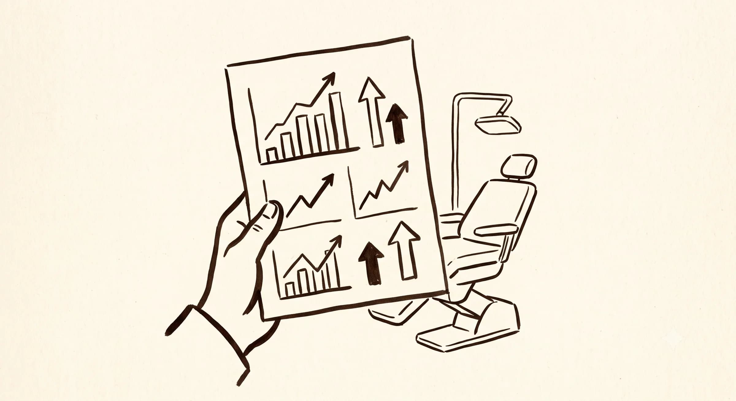 Hand-drawn hand proudly holding up a report covered in rising charts with a single empty dental chair behind it