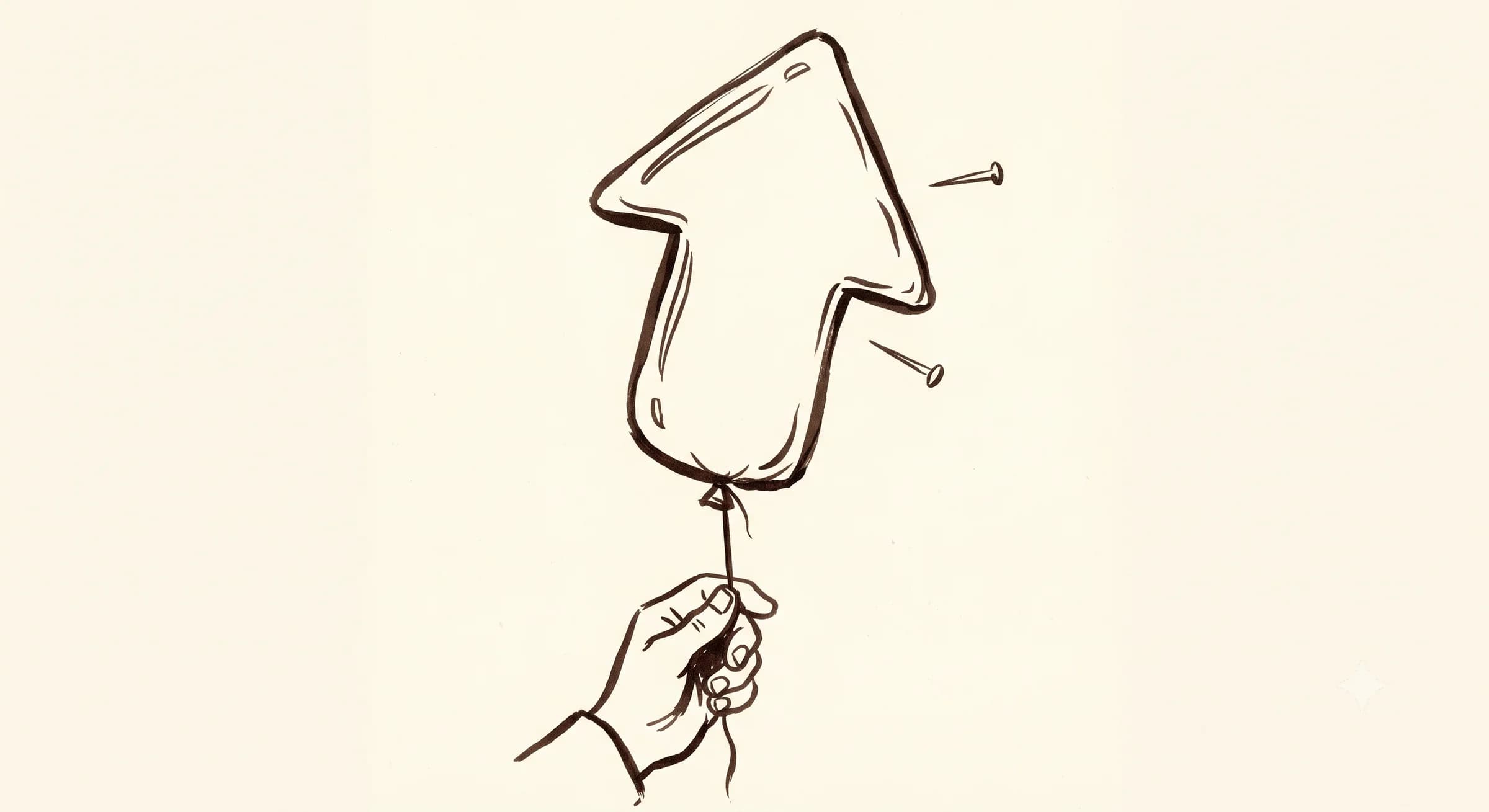 Hand-drawn hand holding an inflated balloon shaped like an upward arrow with a small pin poised beside it about to pop it