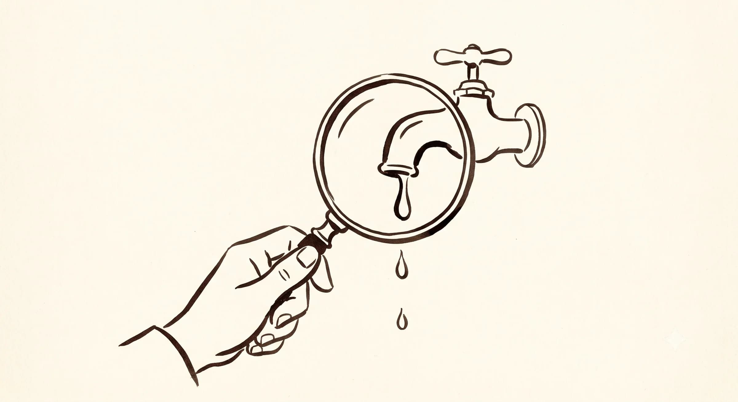 Hand-drawn hand holding a magnifying glass over a single dripping tap, examining the leak