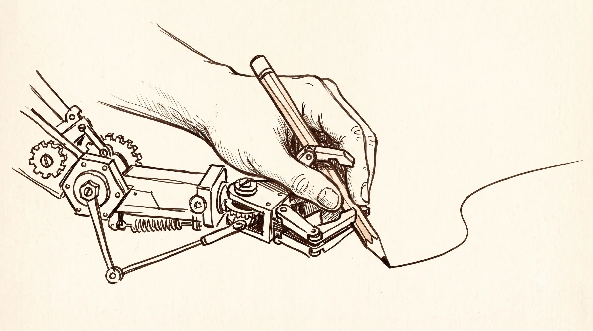 Hand-drawn human hand resting on a robot arm as they together hold one pencil drawing a line