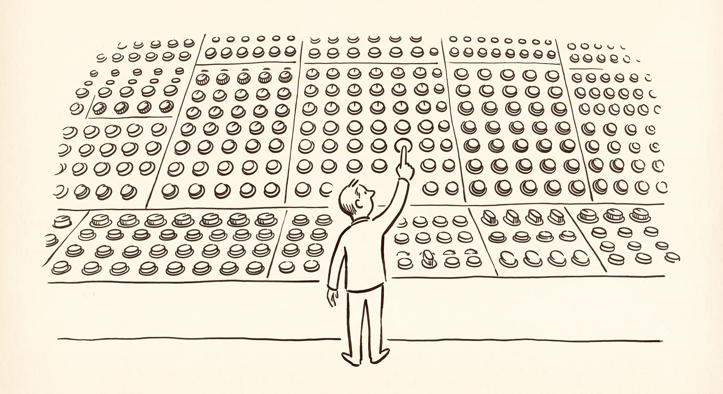 Hand-drawn small figure before a giant control panel of identical buttons reaching for just one
