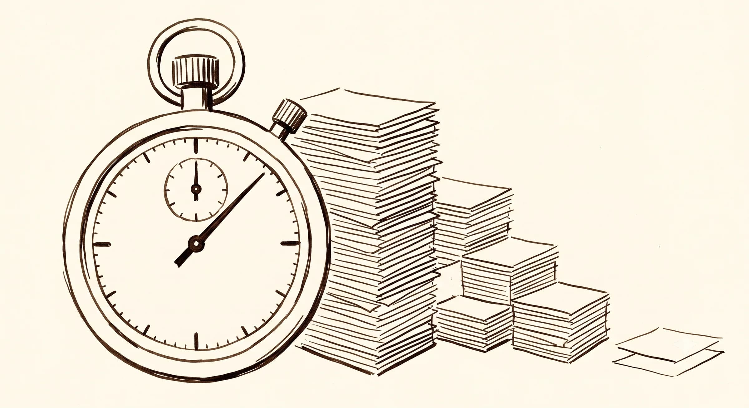Hand-drawn stopwatch beside a tall stack of documents shrinking to a few