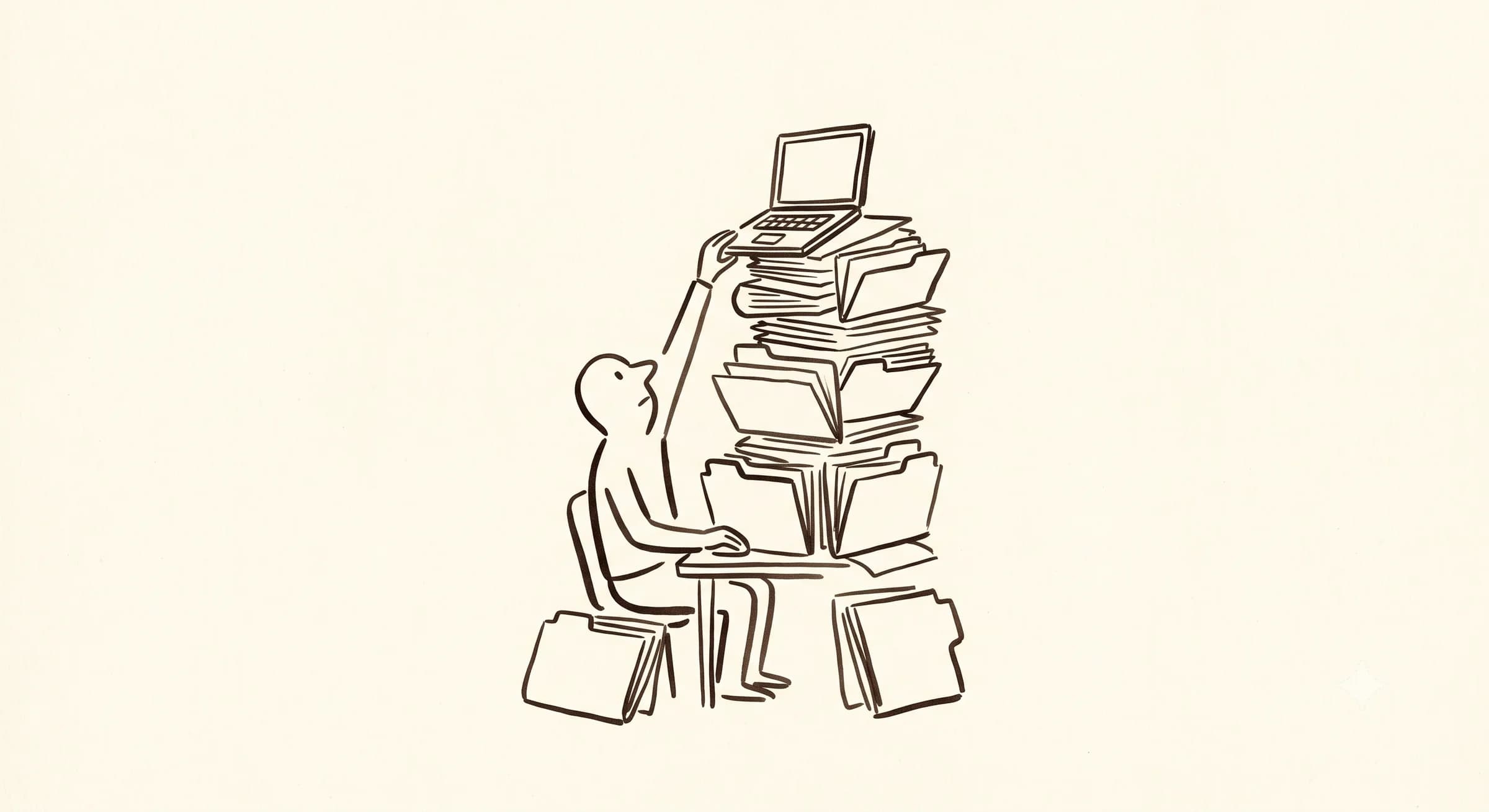 Hand-drawn solicitor at a desk buried under a tall stack of case files reaching for a single laptop on top