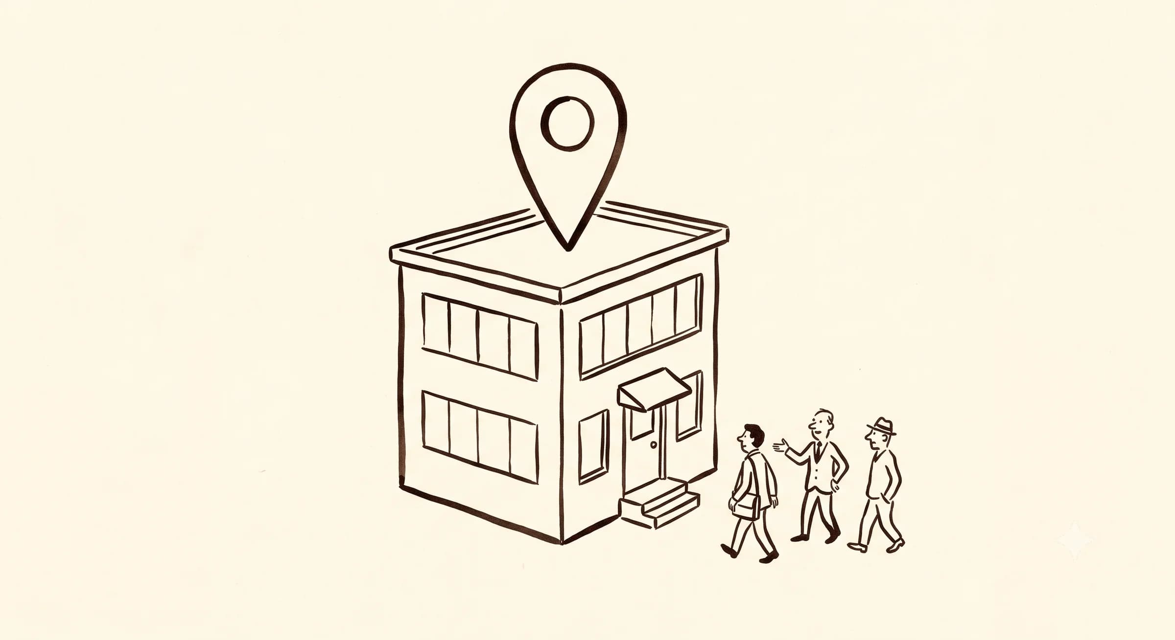 Hand-drawn small solicitor's office with a location pin on the roof and a few figures walking toward the door
