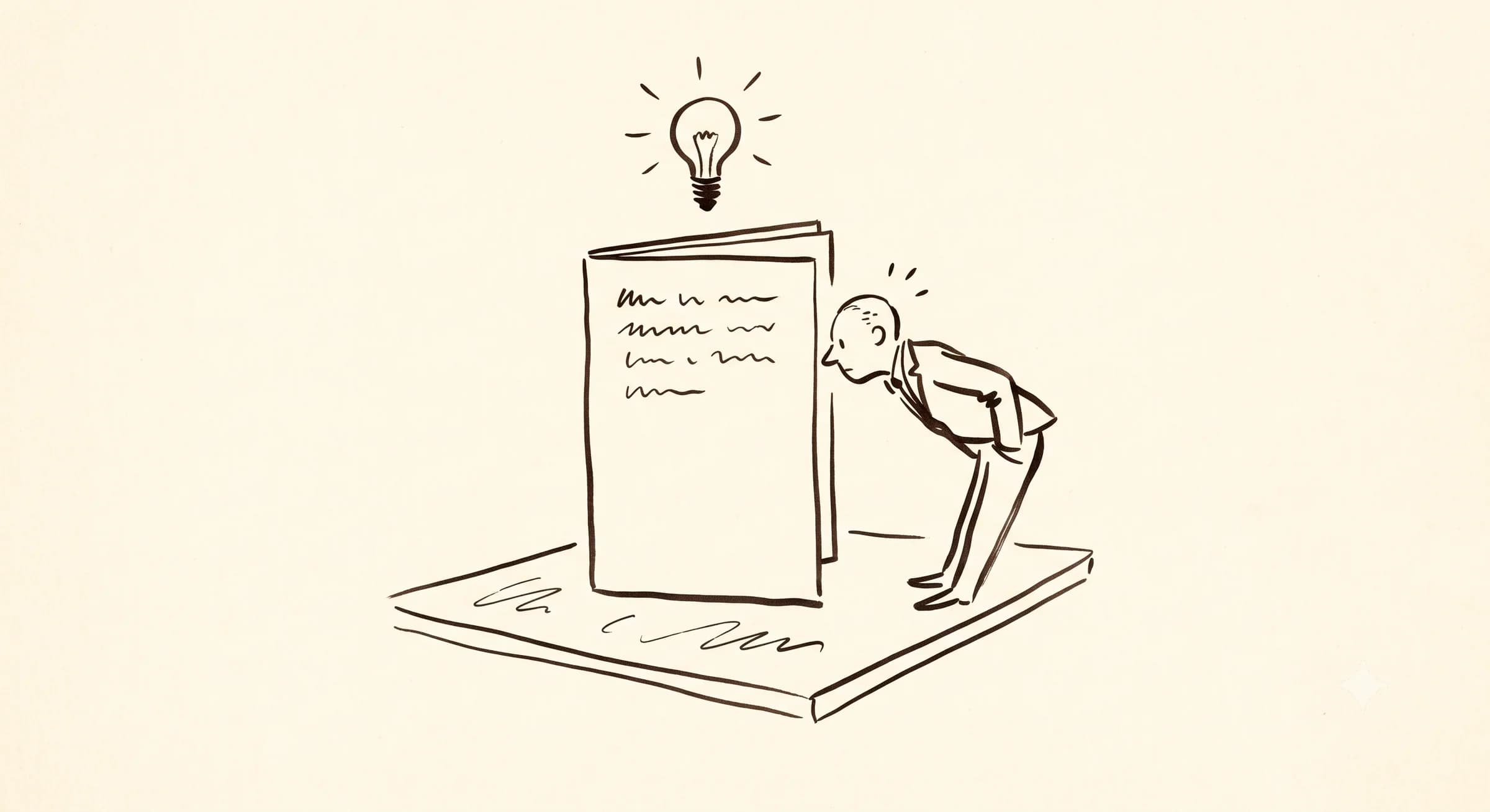 Hand-drawn open document with a small lightbulb above it and a figure leaning in to read