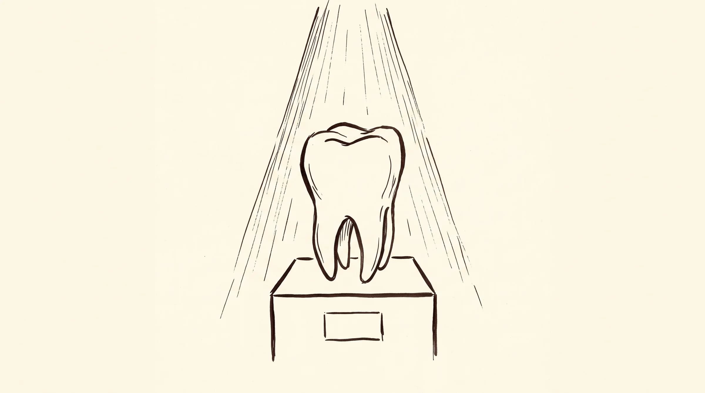 Hand-drawn single large tooth displayed on a pedestal under a spotlight like a museum exhibit