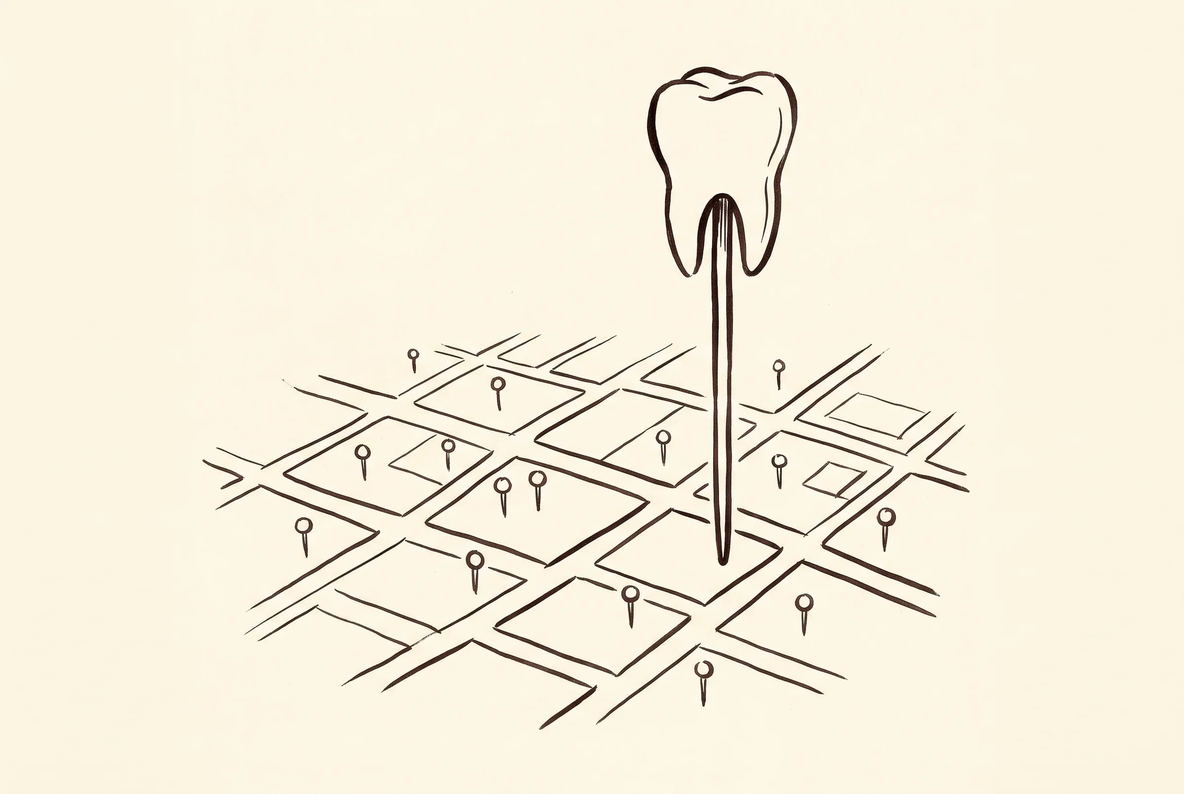 Hand-drawn street map grid with one tall tooth-shaped marker pin standing above the rest