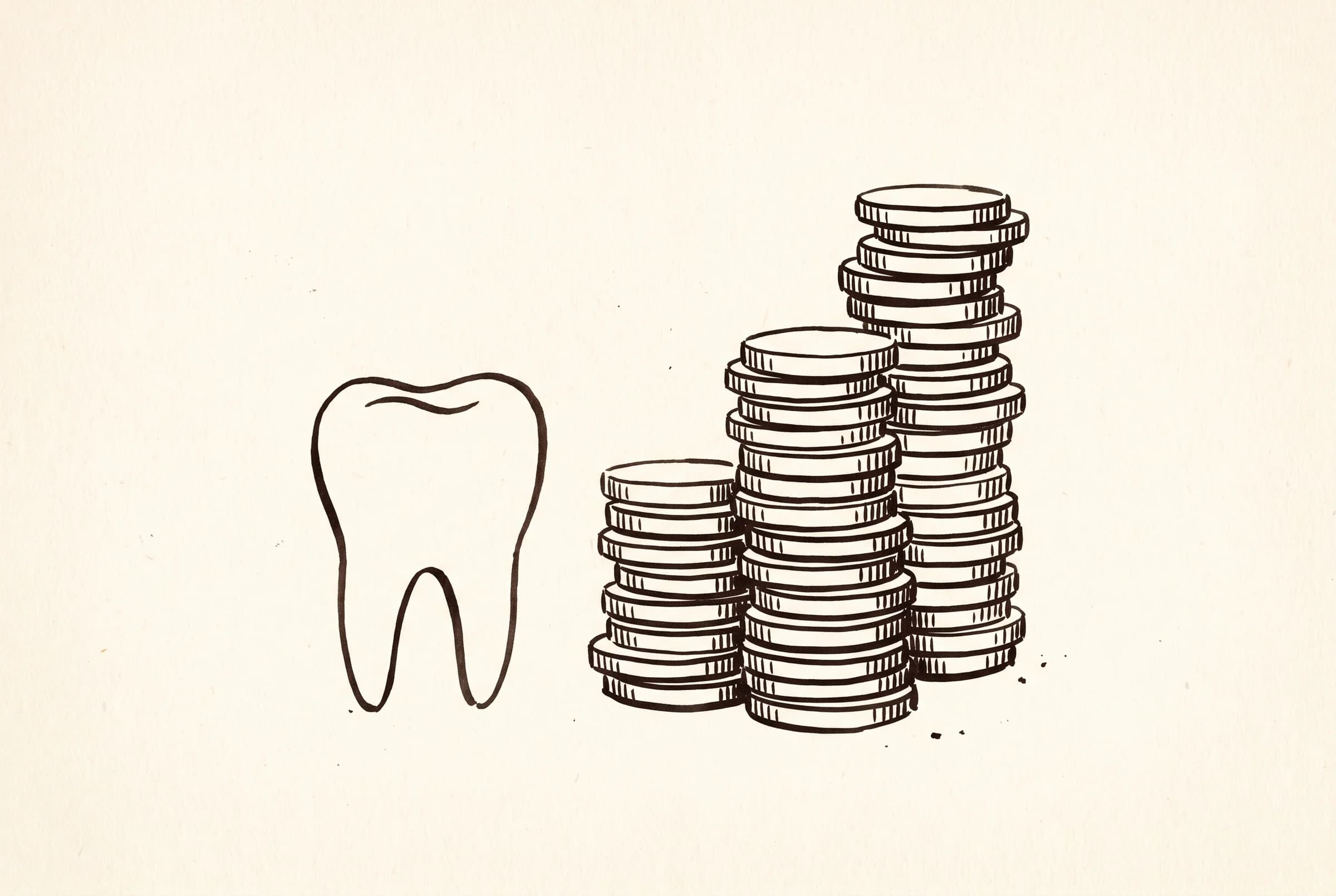 Hand-drawn single tooth beside a tall growing stack of coins