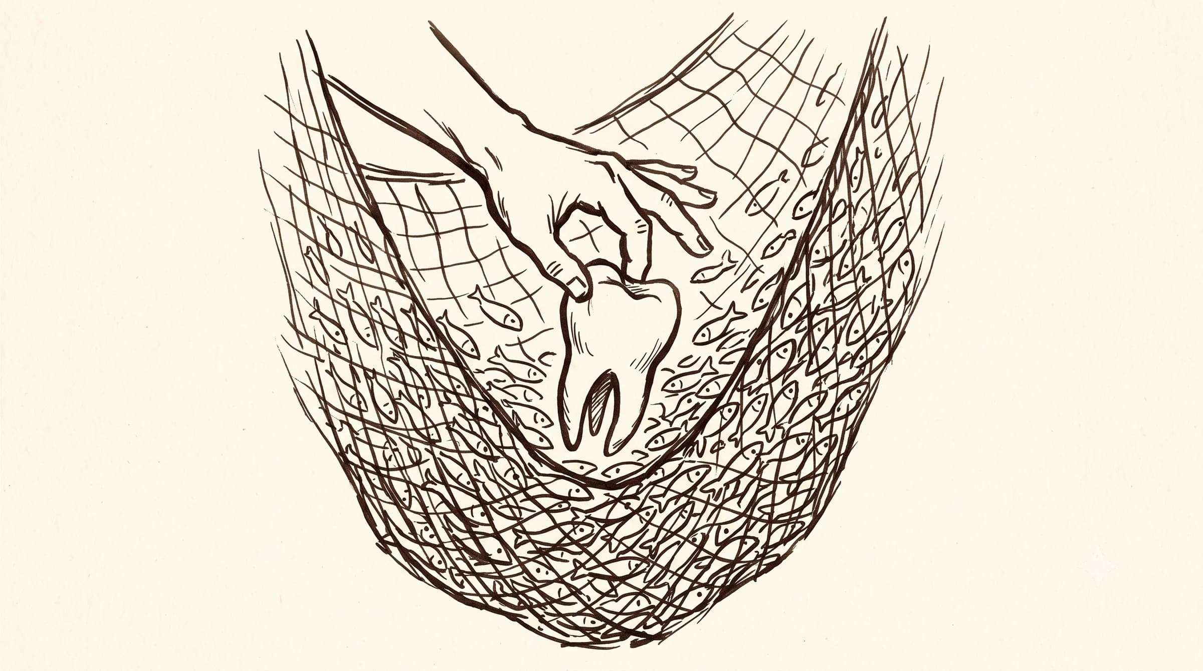 Hand-drawn net full of tiny fish with a hand lifting out the one large tooth-shaped fish