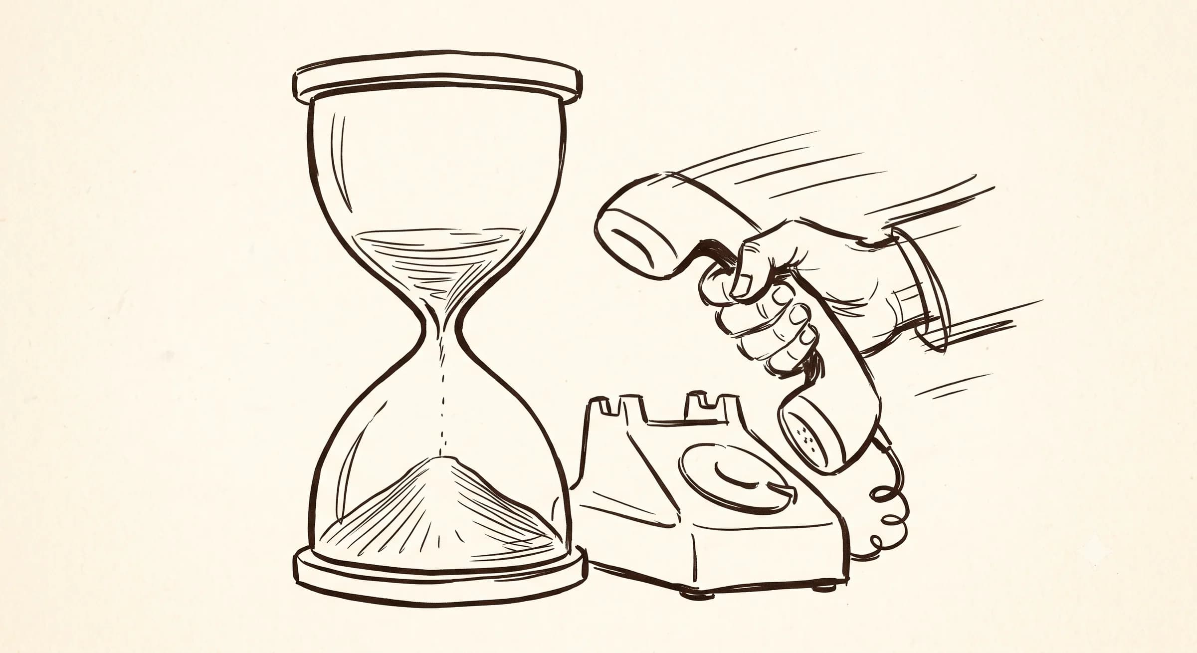 Hand-drawn hourglass with sand nearly gone beside a telephone a hand reaches to answer