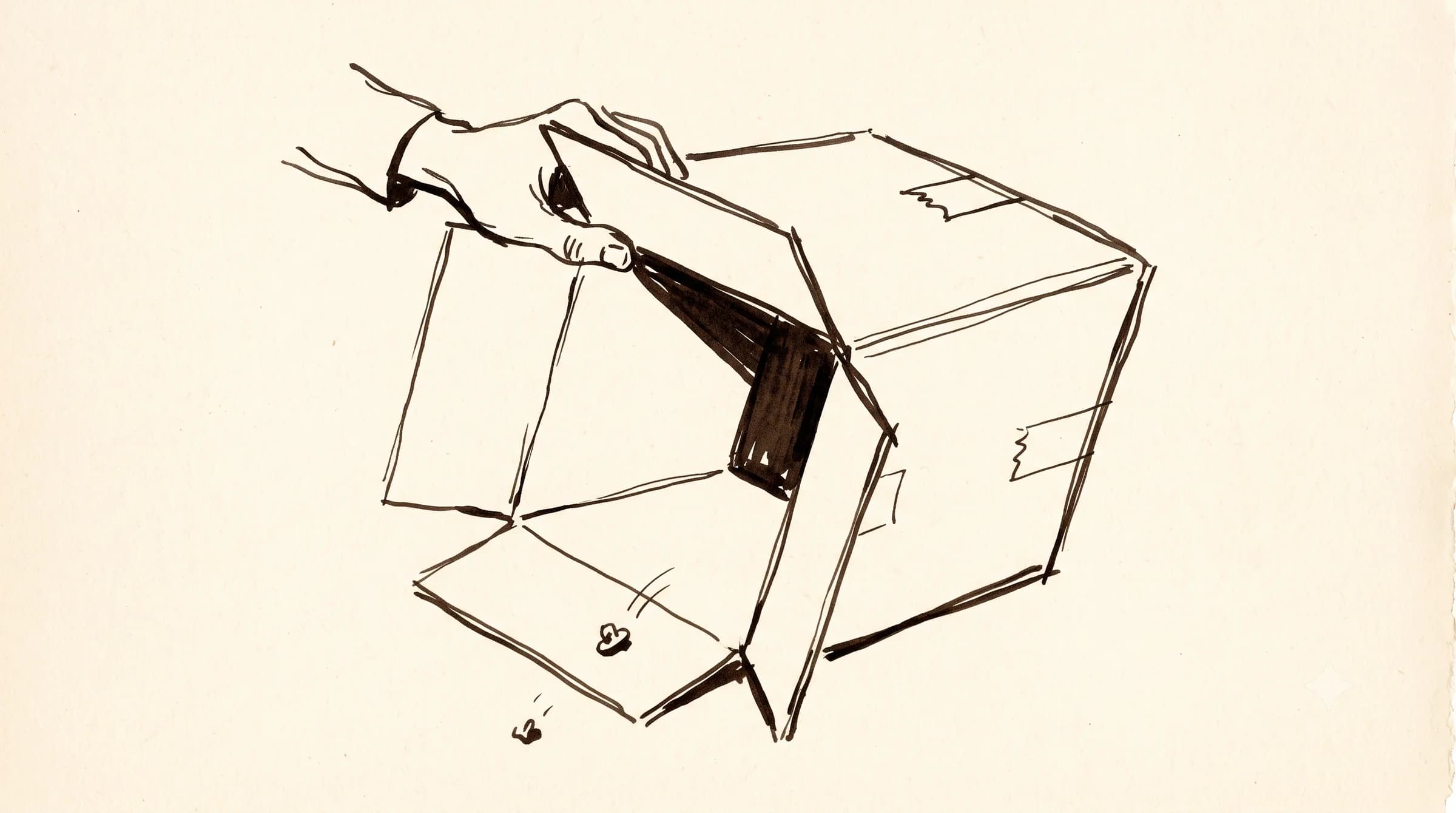 Hand tilting an open cardboard parcel with a single small item inside, illustrating a thin PPC package